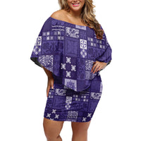 Vintage Hawaiian Quilting Patterns Family Matching Off Shoulder Short Dress and Hawaiian Shirt Purple Style Tribal Fabric Patchwork - Polynesian Pride