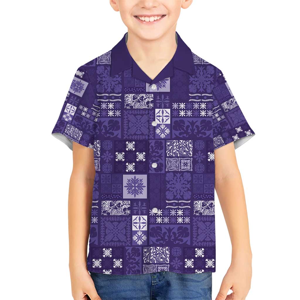 Vintage Hawaiian Quilting Patterns Family Matching Off Shoulder Short Dress and Hawaiian Shirt Purple Style Tribal Fabric Patchwork - Polynesian Pride