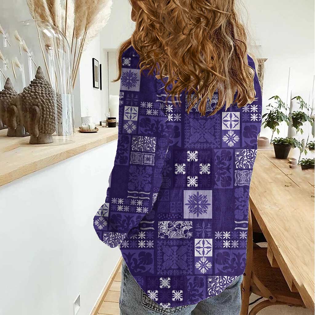 Vintage Hawaiian Quilting Patterns Women Casual Shirt Purple Style Tribal Fabric Patchwork - Polynesian Pride