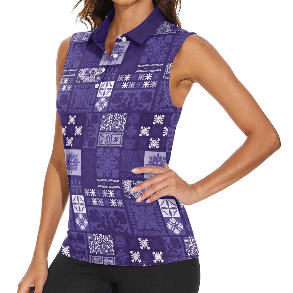 Vintage Hawaiian Quilting Patterns Women Sleeveless Polo Shirt Purple Style Tribal Fabric Patchwork - Polynesian Pride
