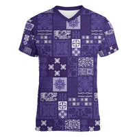 Vintage Hawaiian Quilting Patterns Women V-Neck T-Shirt Purple Style Tribal Fabric Patchwork - Polynesian Pride