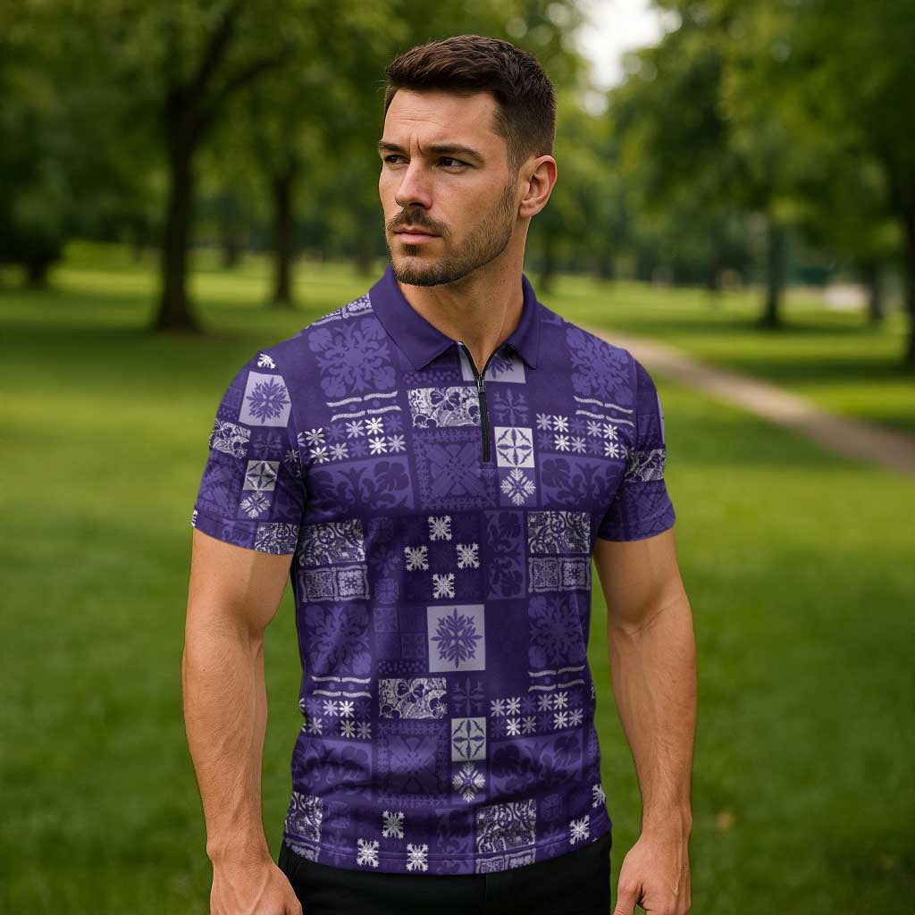 Vintage Hawaiian Quilting Patterns Zipper Polo Shirt Purple Style Tribal Fabric Patchwork - Polynesian Pride