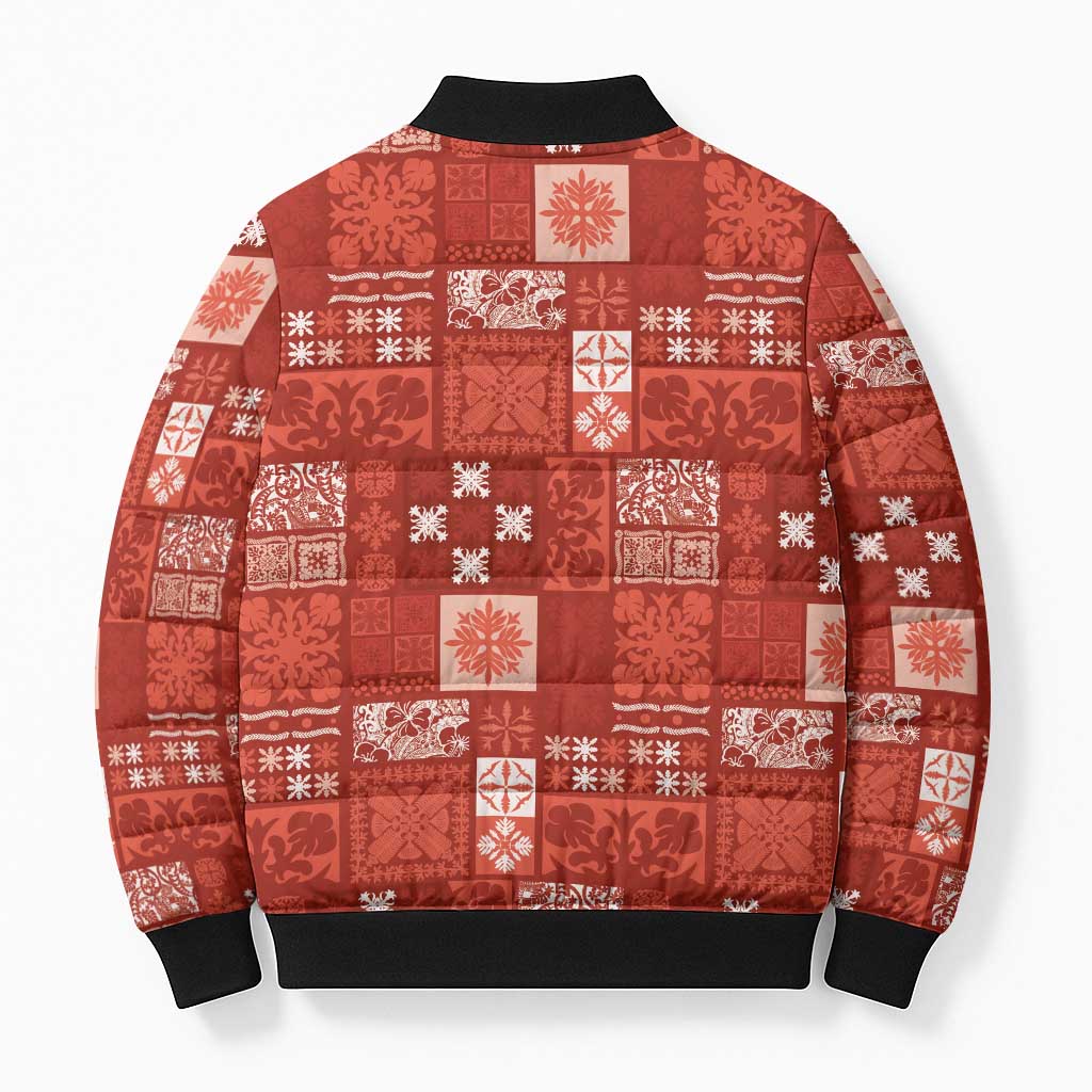 Vintage Hawaiian Quilting Patterns Bomber Puffer Jacket Red Style Tribal Fabric Patchwork - Polynesian Pride