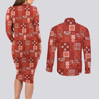 Vintage Hawaiian Quilting Patterns Couples Matching Long Sleeve Bodycon Dress and Long Sleeve Button Shirt Red Style Tribal Fabric Patchwork - Polynesian Pride