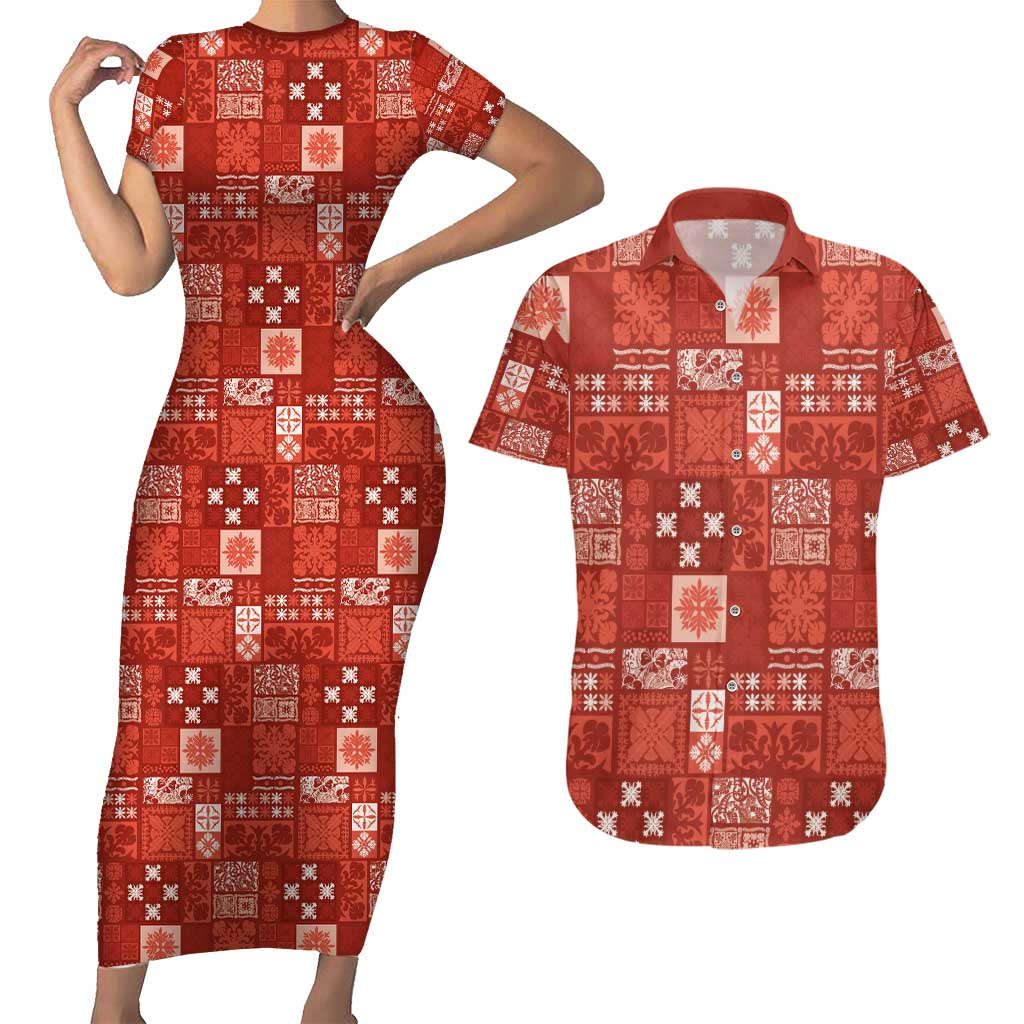 Vintage Hawaiian Quilting Patterns Couples Matching Short Sleeve Bodycon Dress and Hawaiian Shirt Red Style Tribal Fabric Patchwork - Polynesian Pride