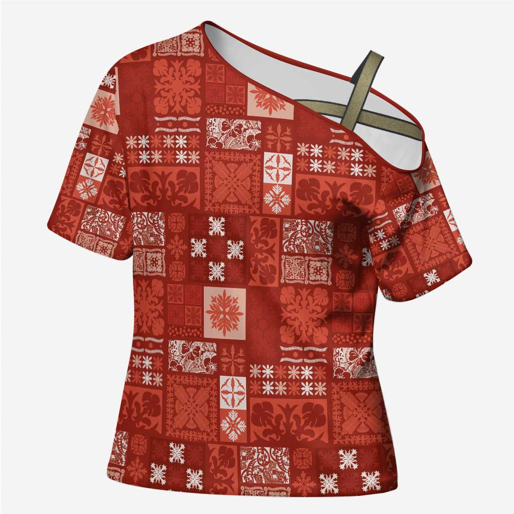 Vintage Hawaiian Quilting Patterns Cross Shoulder Shirt Red Style Tribal Fabric Patchwork - Polynesian Pride