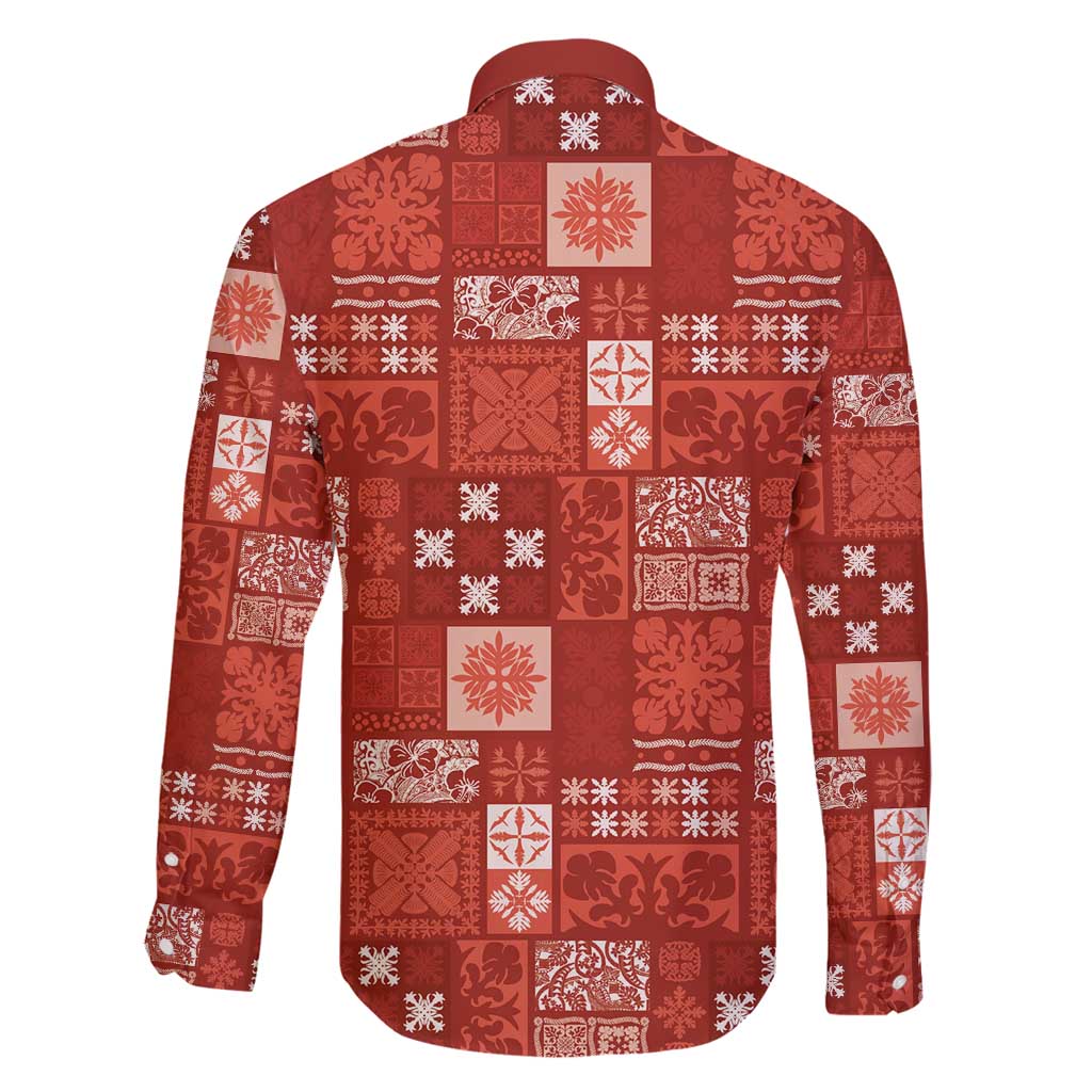 Vintage Hawaiian Quilting Patterns Family Matching Long Sleeve Bodycon Dress and Hawaiian Shirt Red Style Tribal Fabric Patchwork - Polynesian Pride