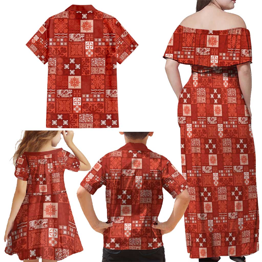 Vintage Hawaiian Quilting Patterns Family Matching Off Shoulder Maxi Dress and Hawaiian Shirt Red Style Tribal Fabric Patchwork - Polynesian Pride