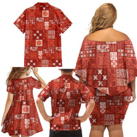 Vintage Hawaiian Quilting Patterns Family Matching Off Shoulder Short Dress and Hawaiian Shirt Red Style Tribal Fabric Patchwork - Polynesian Pride