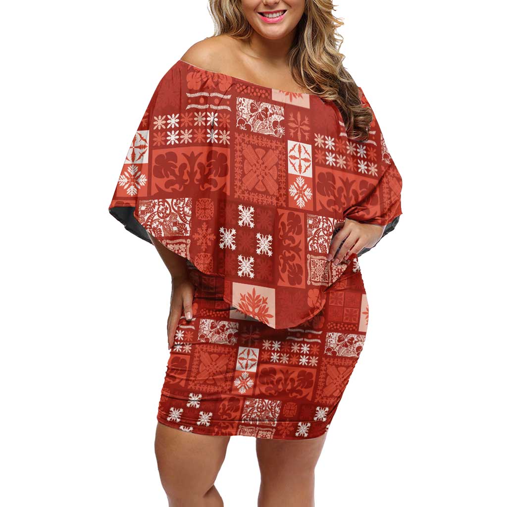 Vintage Hawaiian Quilting Patterns Family Matching Off Shoulder Short Dress and Hawaiian Shirt Red Style Tribal Fabric Patchwork - Polynesian Pride