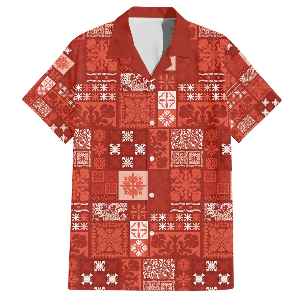 Vintage Hawaiian Quilting Patterns Family Matching Puletasi and Hawaiian Shirt Red Style Tribal Fabric Patchwork - Polynesian Pride