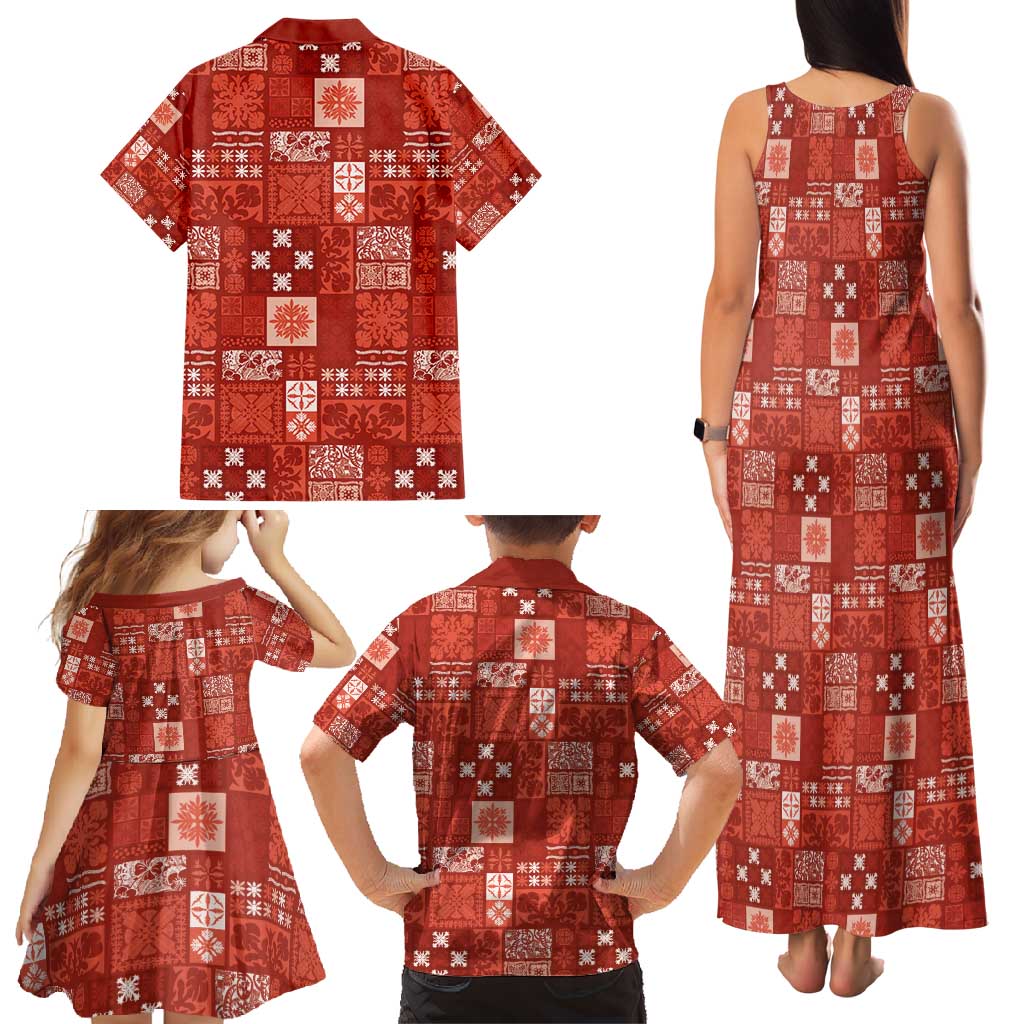 Vintage Hawaiian Quilting Patterns Family Matching Tank Maxi Dress and Hawaiian Shirt Red Style Tribal Fabric Patchwork - Polynesian Pride