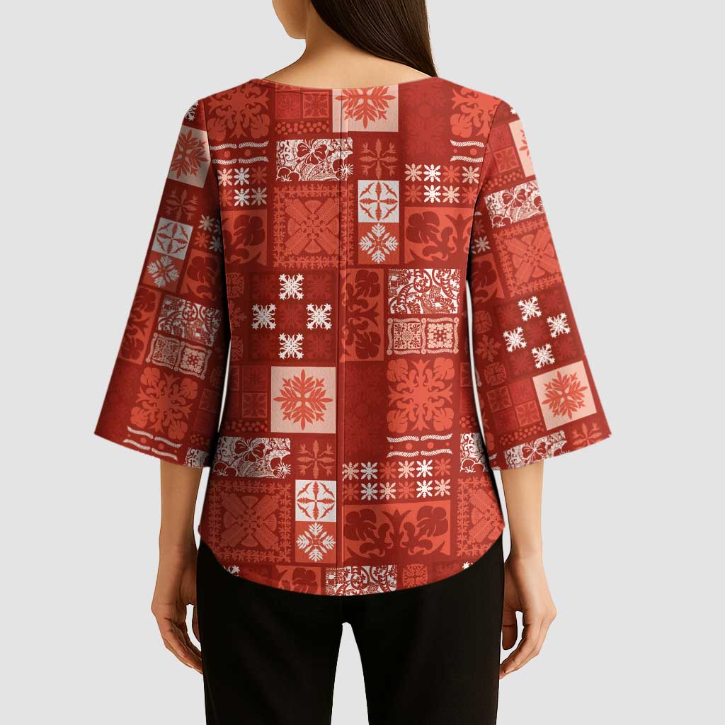 Vintage Hawaiian Quilting Patterns Kimono Sleeve Blouse Red Style Tribal Fabric Patchwork - Polynesian Pride