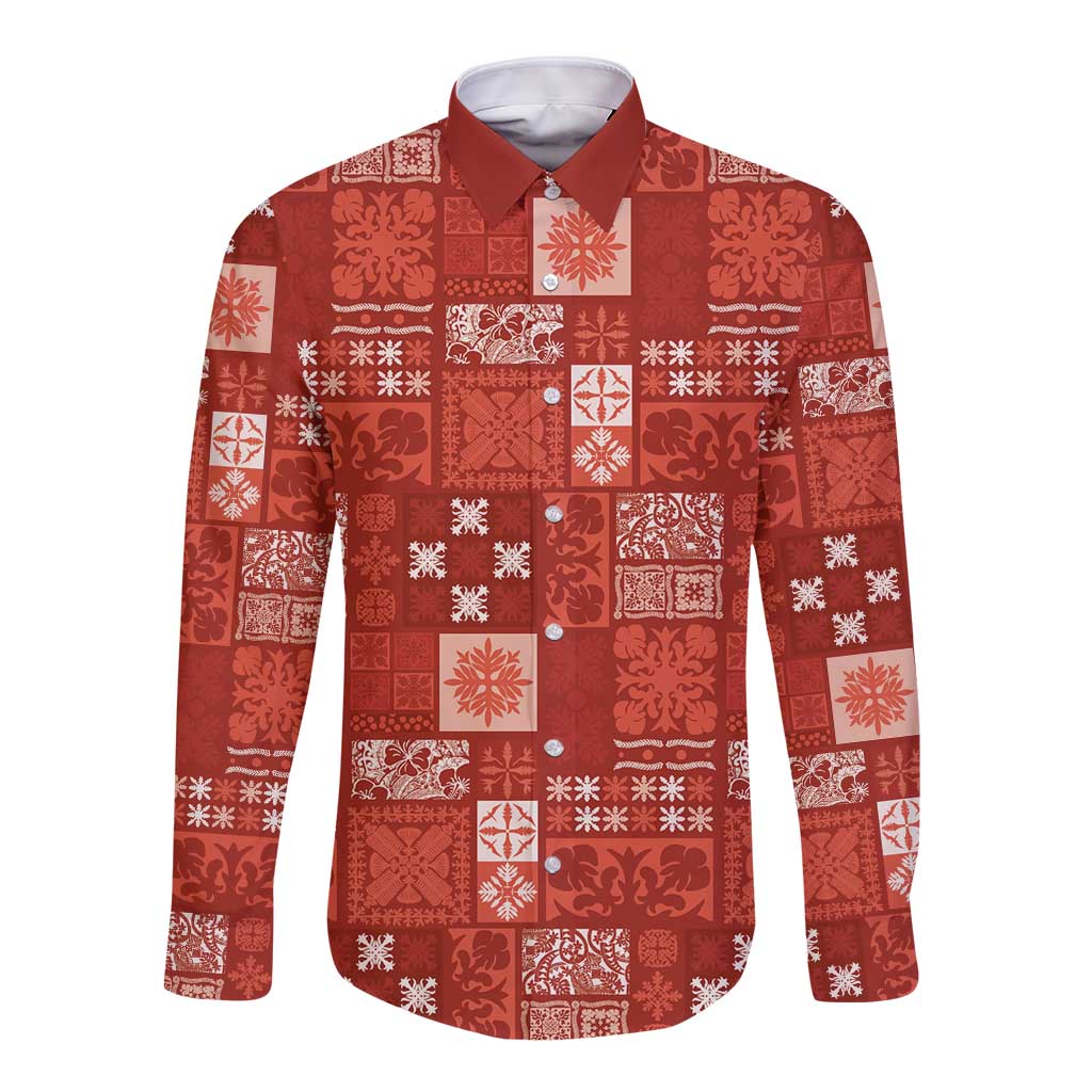 Vintage Hawaiian Quilting Patterns Long Sleeve Button Shirt Red Style Tribal Fabric Patchwork - Polynesian Pride