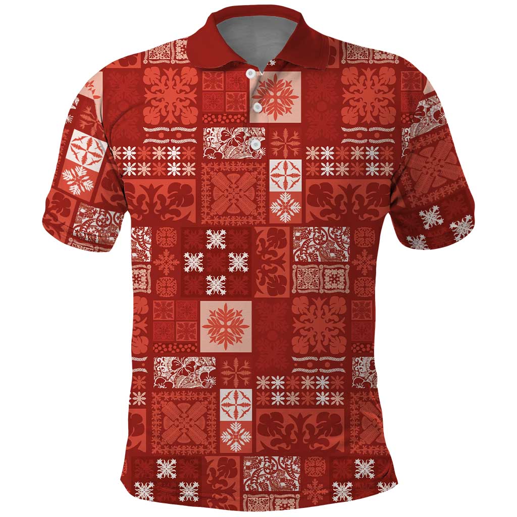 Vintage Hawaiian Quilting Patterns Polo Shirt Red Style Tribal Fabric Patchwork - Polynesian Pride
