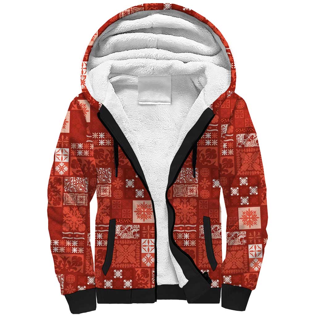 Vintage Hawaiian Quilting Patterns Sherpa Hoodie Red Style Tribal Fabric Patchwork - Polynesian Pride