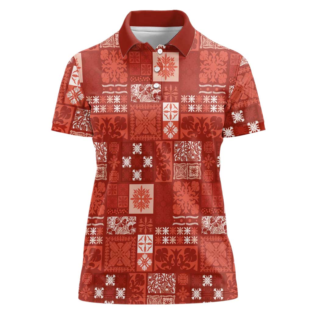 Vintage Hawaiian Quilting Patterns Women Polo Shirt Red Style Tribal Fabric Patchwork LT9 Female Red - Polynesian Pride