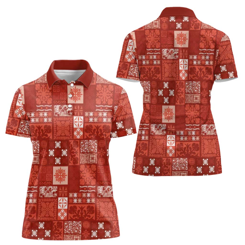 Vintage Hawaiian Quilting Patterns Women Polo Shirt Red Style Tribal Fabric Patchwork LT9 - Polynesian Pride