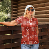 Vintage Hawaiian Quilting Patterns Women Polo Shirt Red Style Tribal Fabric Patchwork LT9 - Polynesian Pride