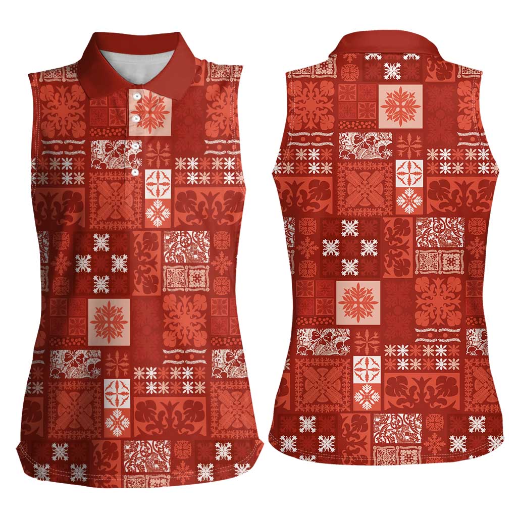 Vintage Hawaiian Quilting Patterns Women Sleeveless Polo Shirt Red Style Tribal Fabric Patchwork - Polynesian Pride