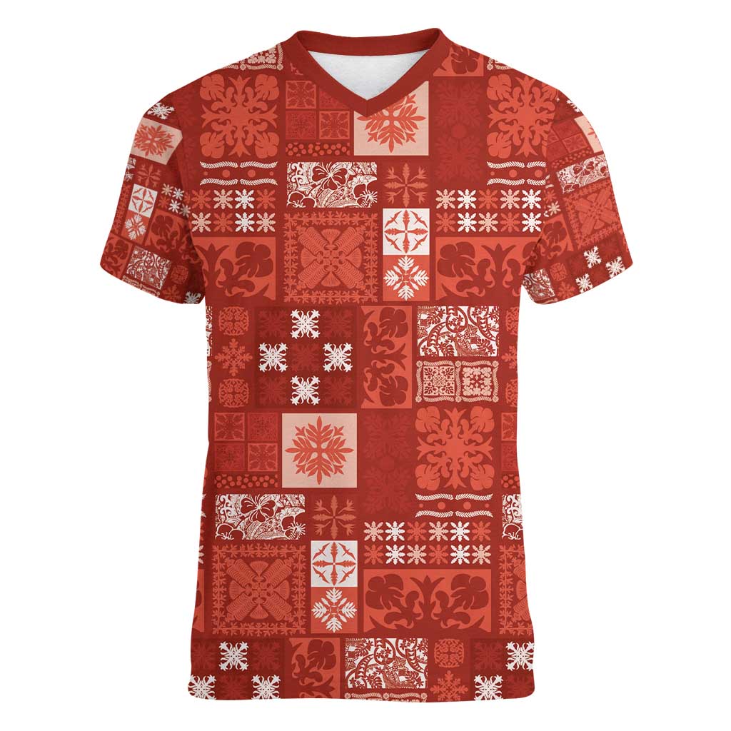 Vintage Hawaiian Quilting Patterns Women V-Neck T-Shirt Red Style Tribal Fabric Patchwork - Polynesian Pride