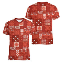Vintage Hawaiian Quilting Patterns Women V-Neck T-Shirt Red Style Tribal Fabric Patchwork - Polynesian Pride