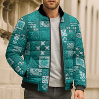Vintage Hawaiian Quilting Patterns Bomber Puffer Jacket Turquoise Style Tribal Fabric Patchwork - Polynesian Pride
