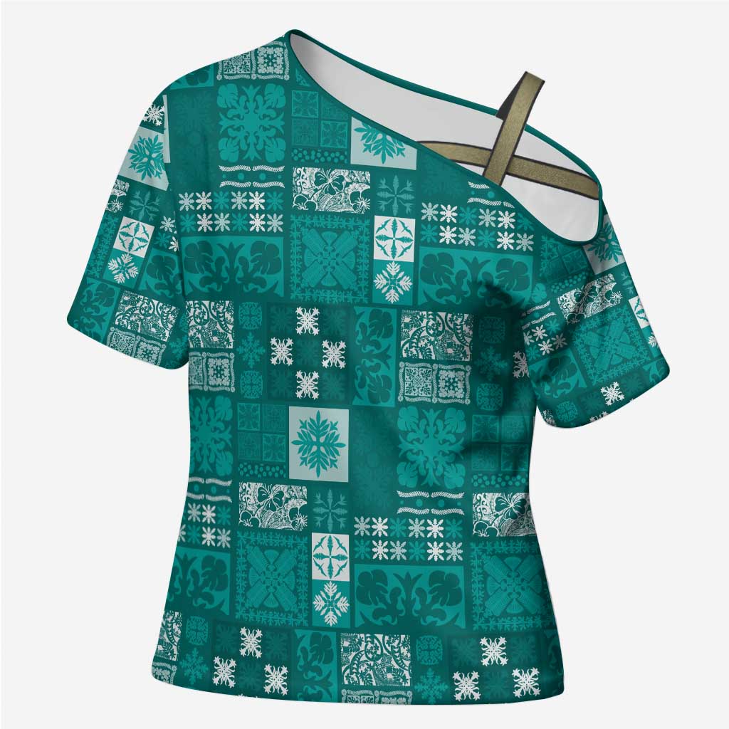 Vintage Hawaiian Quilting Patterns Cross Shoulder Shirt Turquoise Style Tribal Fabric Patchwork - Polynesian Pride