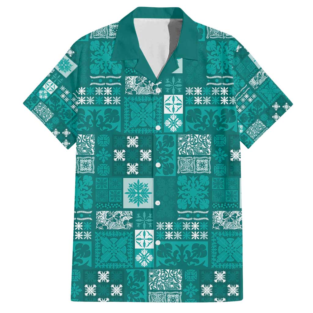 Vintage Hawaiian Quilting Patterns Family Matching Long Sleeve Bodycon Dress and Hawaiian Shirt Turquoise Style Tribal Fabric Patchwork - Polynesian Pride