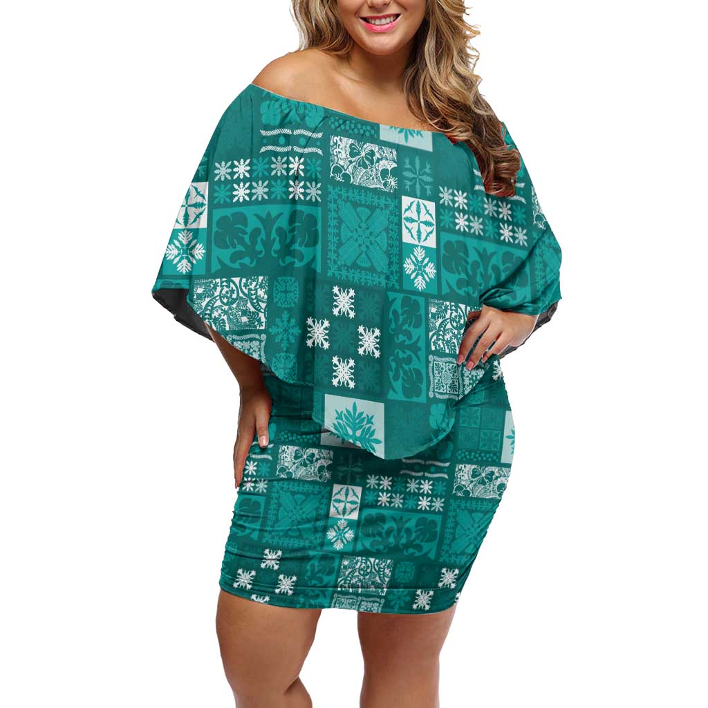 Vintage Hawaiian Quilting Patterns Family Matching Off Shoulder Short Dress and Hawaiian Shirt Turquoise Style Tribal Fabric Patchwork - Polynesian Pride