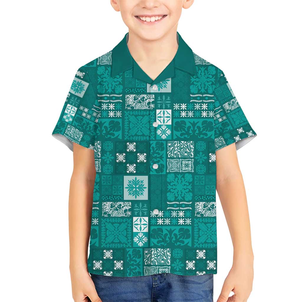 Vintage Hawaiian Quilting Patterns Family Matching Puletasi and Hawaiian Shirt Turquoise Style Tribal Fabric Patchwork - Polynesian Pride