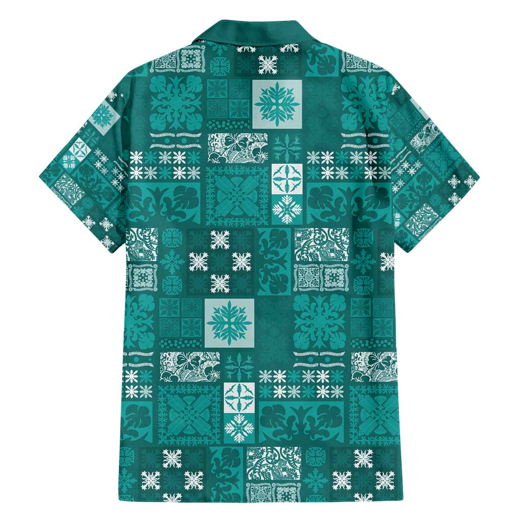 Vintage Hawaiian Quilting Patterns Family Matching Short Sleeve Bodycon Dress and Hawaiian Shirt Turquoise Style Tribal Fabric Patchwork - Polynesian Pride