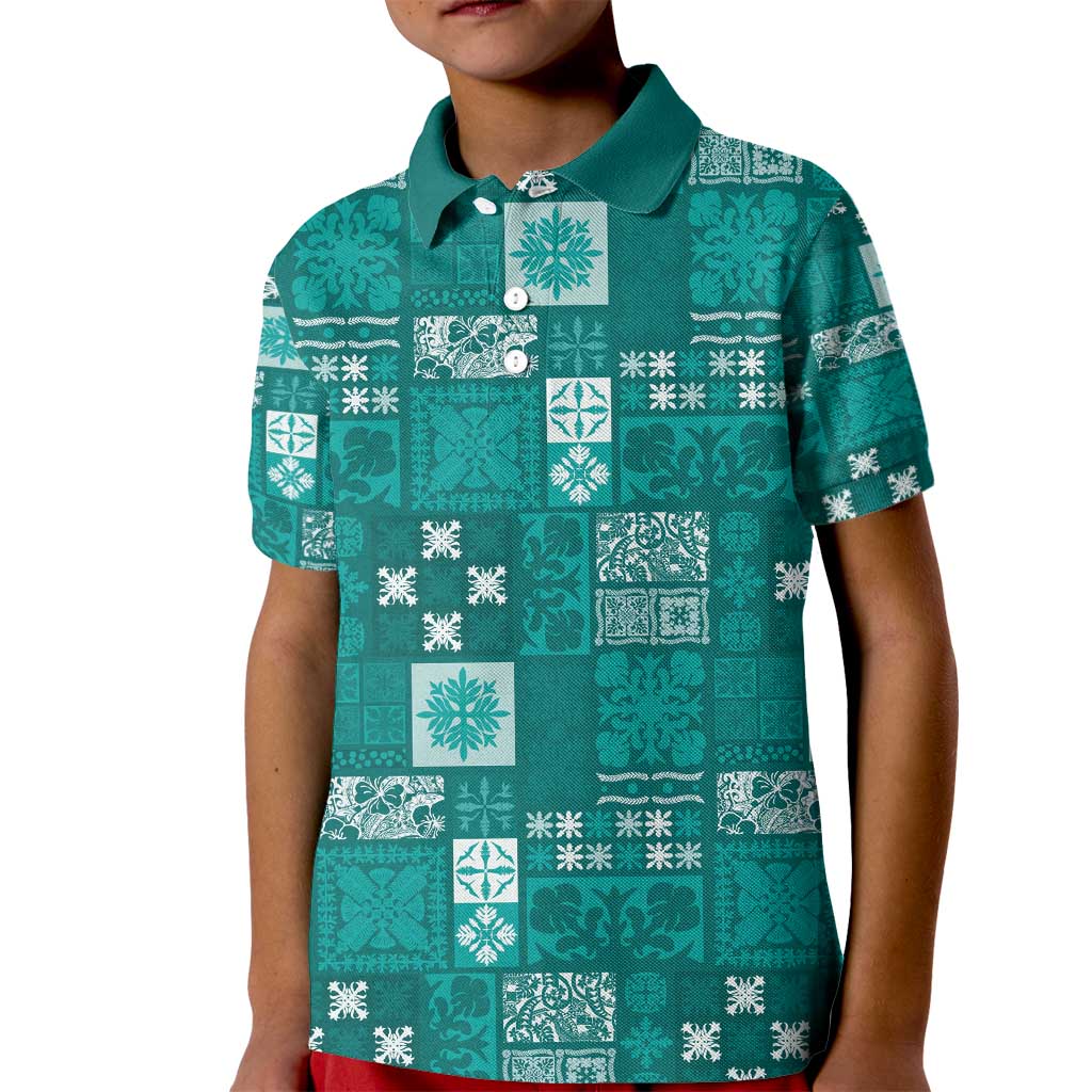 Vintage Hawaiian Quilting Patterns Kid Polo Shirt Turquoise Style Tribal Fabric Patchwork - Polynesian Pride