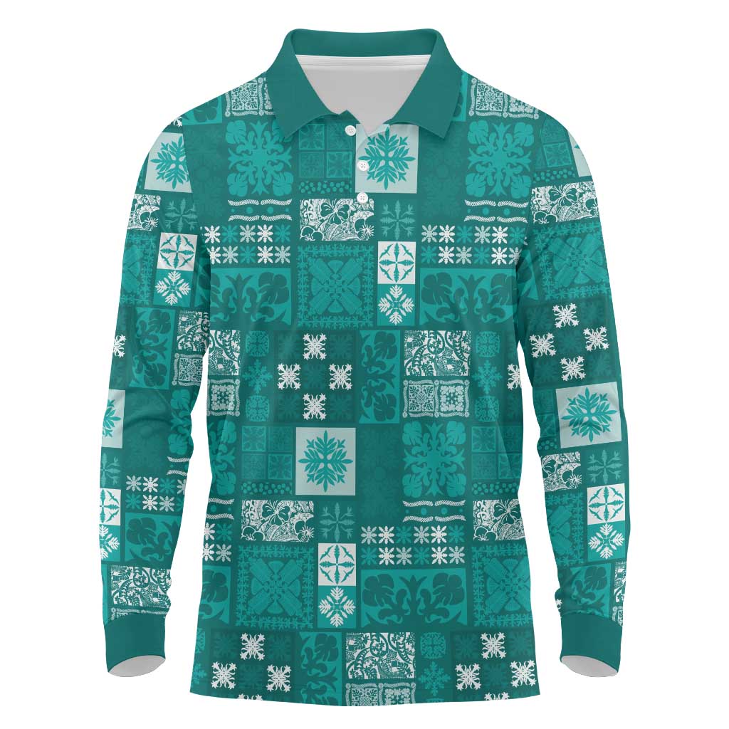Vintage Hawaiian Quilting Patterns Long Sleeve Polo Shirt Turquoise Style Tribal Fabric Patchwork - Polynesian Pride
