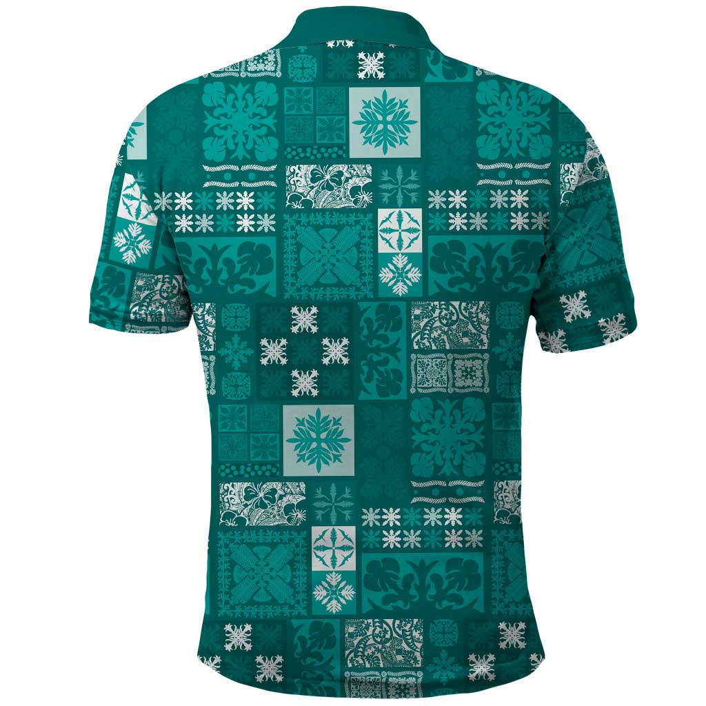 Vintage Hawaiian Quilting Patterns Polo Shirt Turquoise Style Tribal Fabric Patchwork - Polynesian Pride