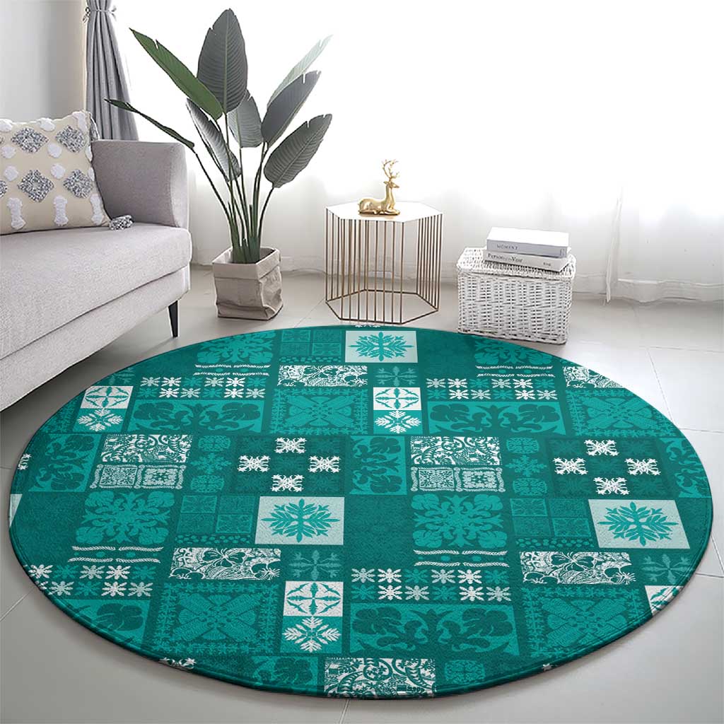 Vintage Hawaiian Quilting Patterns Round Carpet Turquoise Style Tribal Fabric Patchwork - Polynesian Pride