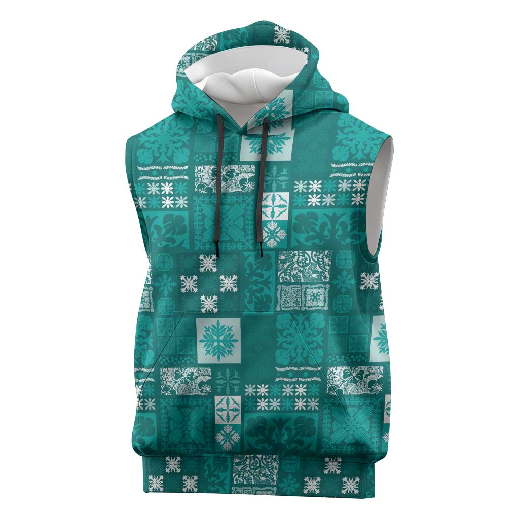 Vintage Hawaiian Quilting Patterns Sleeveless Hoodie Turquoise Style Tribal Fabric Patchwork - Polynesian Pride
