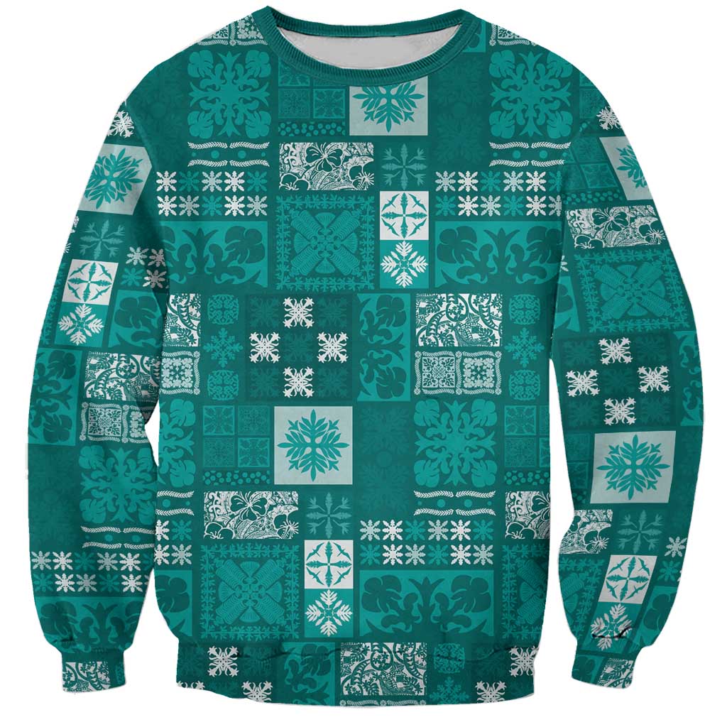 Vintage Hawaiian Quilting Patterns Sweatshirt Turquoise Style Tribal Fabric Patchwork - Polynesian Pride