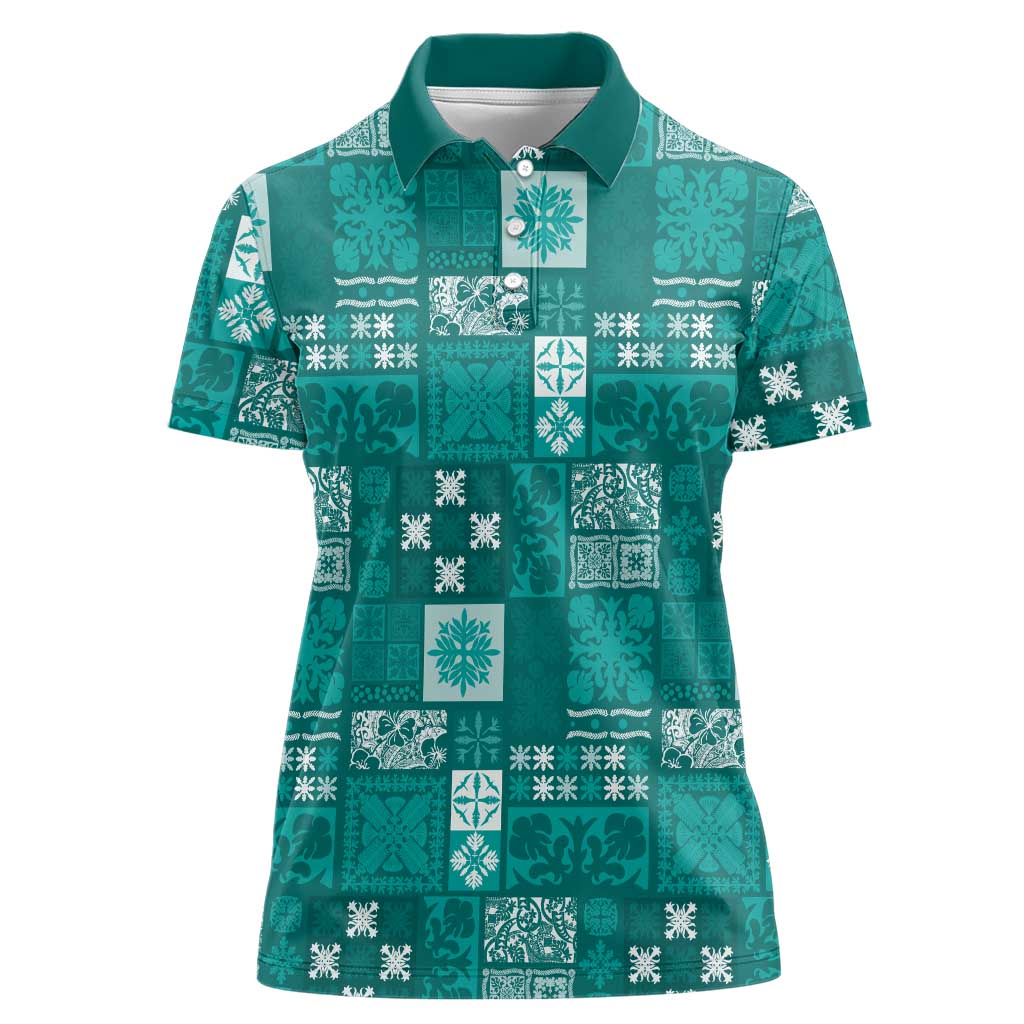 Vintage Hawaiian Quilting Patterns Women Polo Shirt Turquoise Style Tribal Fabric Patchwork LT9 Female Turquoise - Polynesian Pride