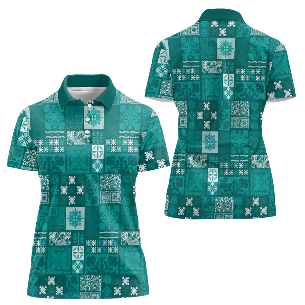 Vintage Hawaiian Quilting Patterns Women Polo Shirt Turquoise Style Tribal Fabric Patchwork LT9 - Polynesian Pride