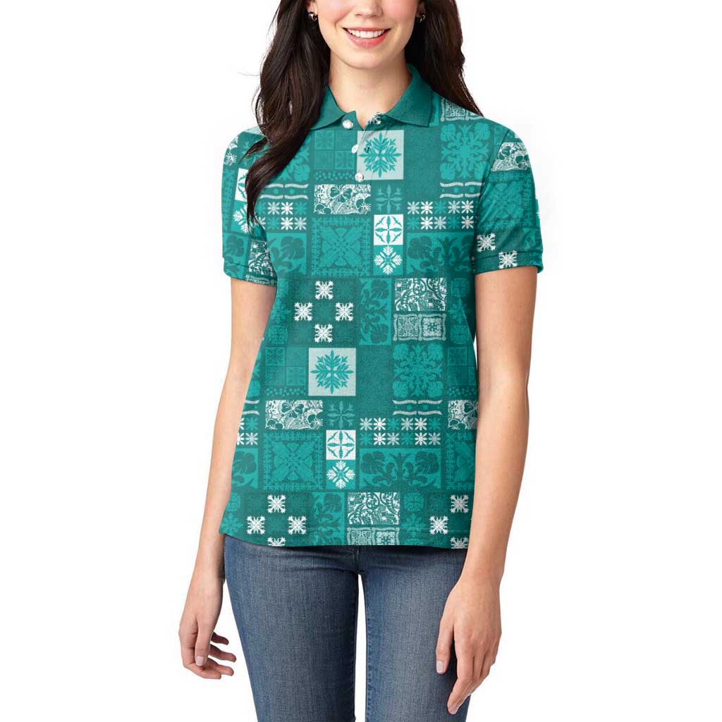 Vintage Hawaiian Quilting Patterns Women Polo Shirt Turquoise Style Tribal Fabric Patchwork LT9 - Polynesian Pride