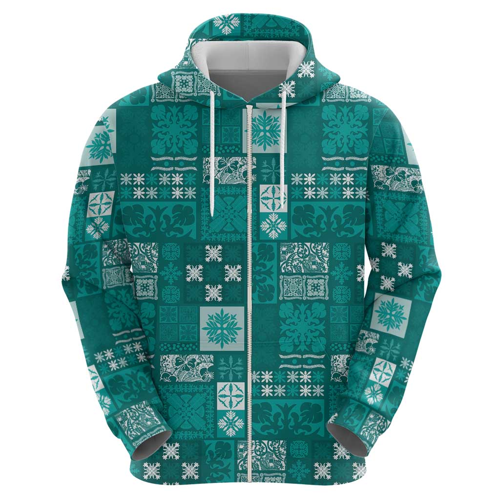 Vintage Hawaiian Quilting Patterns Zip Hoodie Turquoise Style Tribal Fabric Patchwork - Polynesian Pride