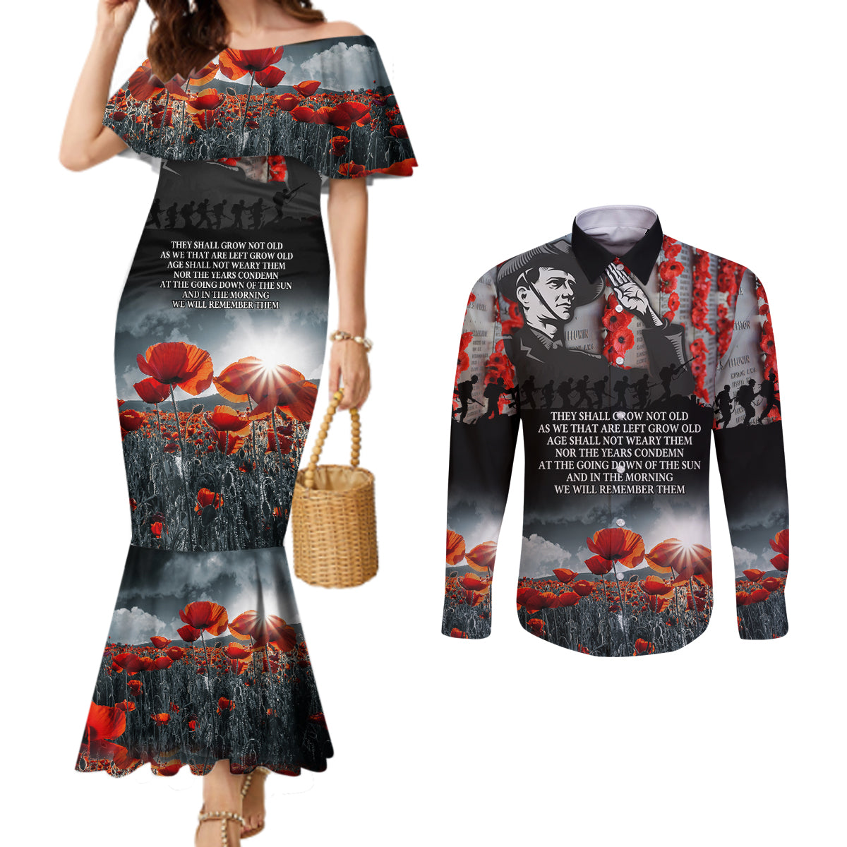 ANZAC DAY Heroes Of The Gallipoli Couples Matching Mermaid Dress and Long Sleeve Button Shirt LT9 Black - Polynesian Pride