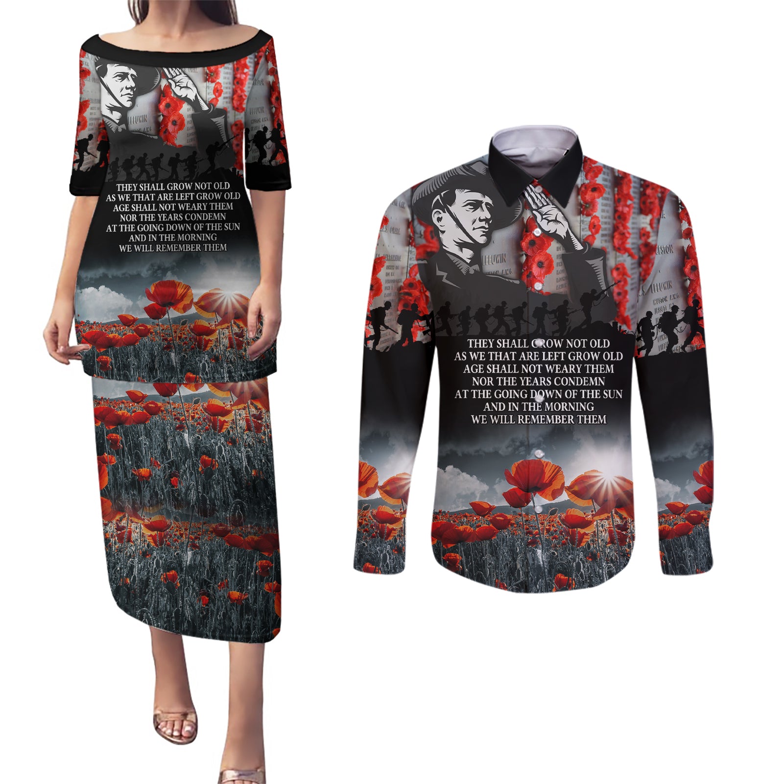 ANZAC DAY Heroes Of The Gallipoli Couples Matching Puletasi and Long Sleeve Button Shirt LT9 Black - Polynesian Pride