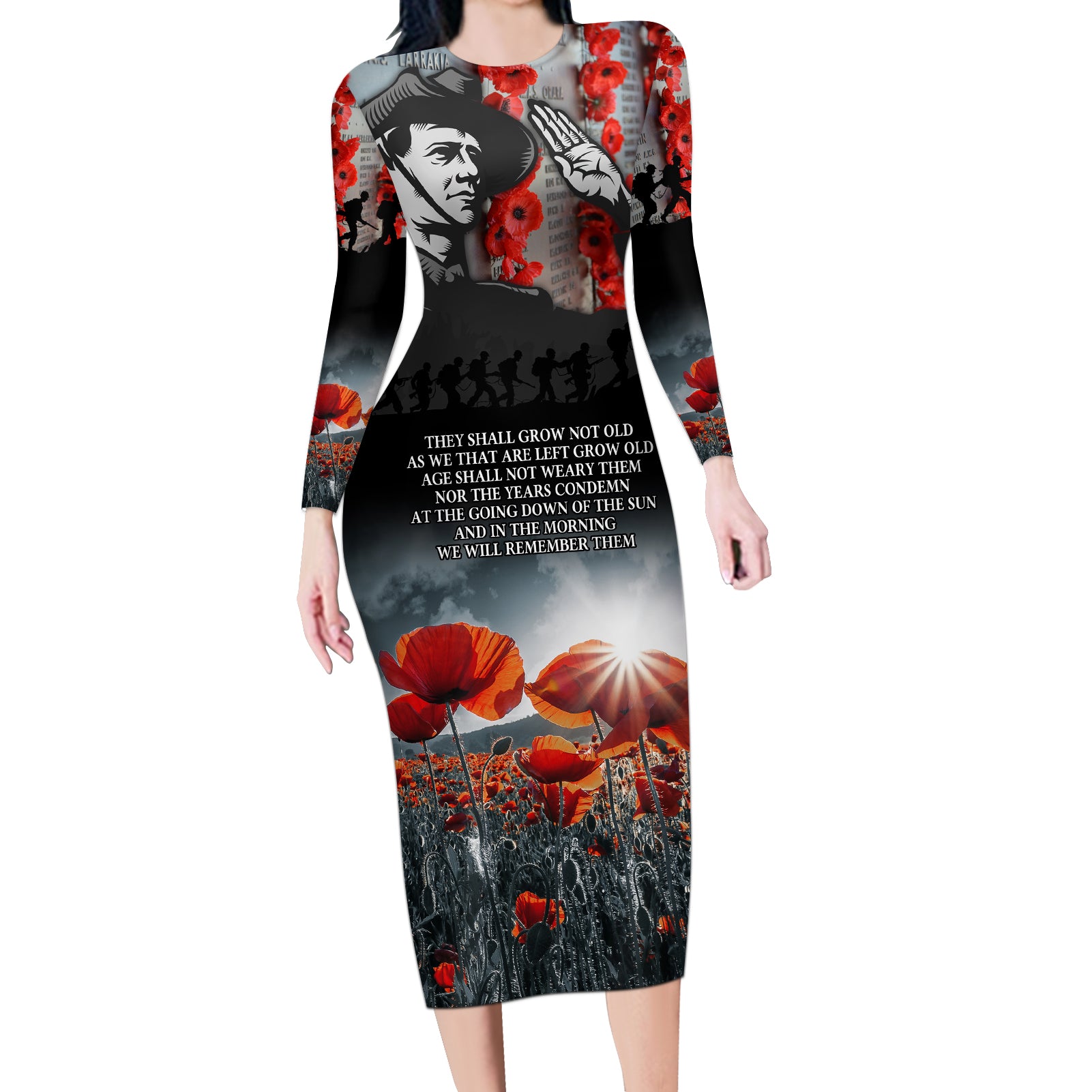 ANZAC DAY Heroes Of The Gallipoli Long Sleeve Bodycon Dress LT9 Long Dress Black - Polynesian Pride