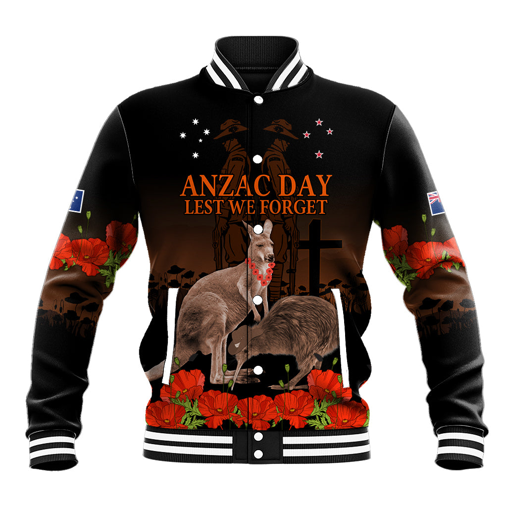 Kangaroo and Kiwi Bird ANZAC Day Custom Baseball Jacket Soldier Style LT9 Unisex Black - Polynesian Pride