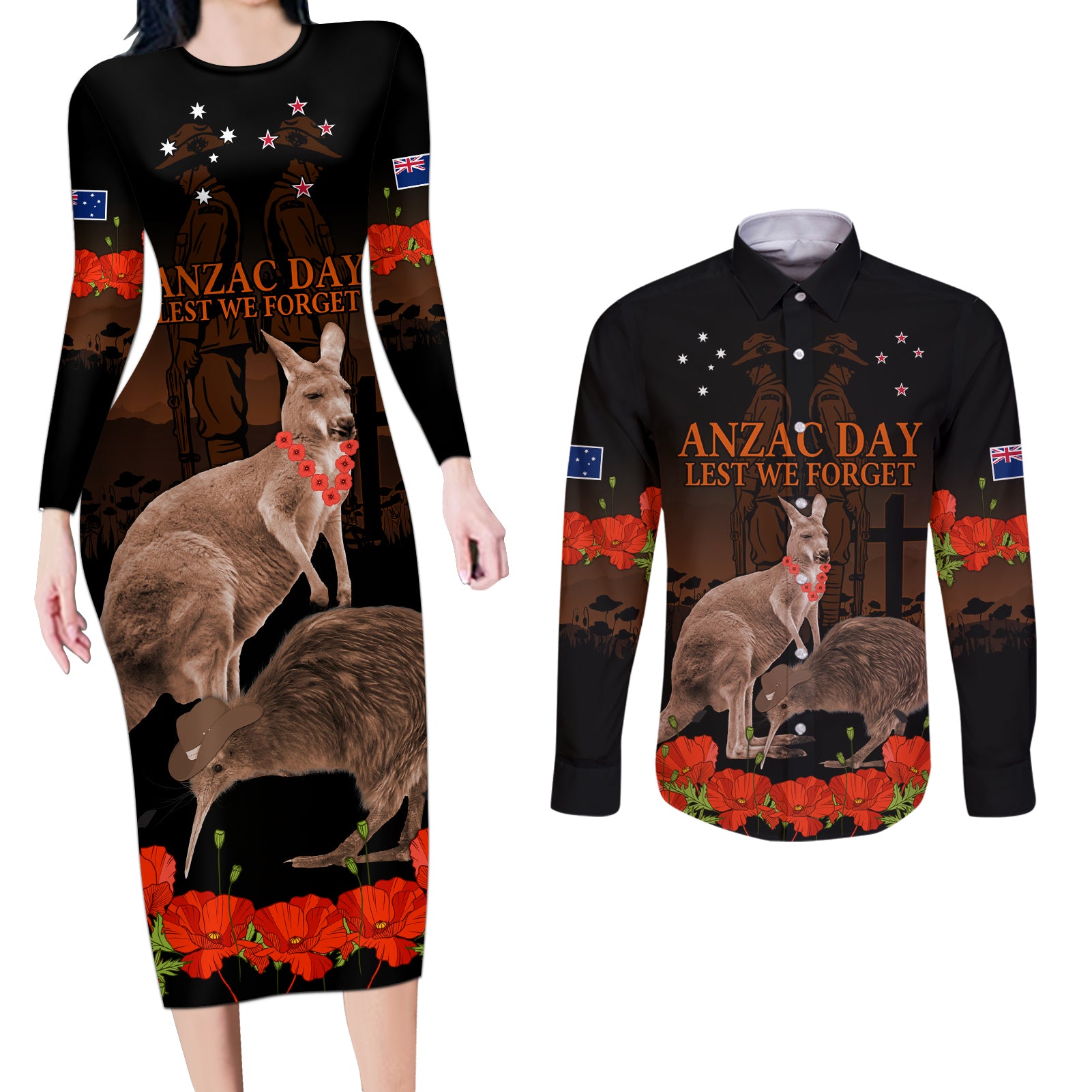 Kangaroo and Kiwi Bird ANZAC Day Custom Couples Matching Long Sleeve Bodycon Dress and Long Sleeve Button Shirt Soldier Style LT9 Black - Polynesian Pride