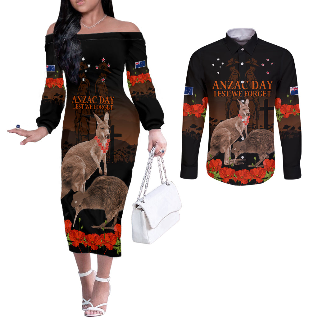 Kangaroo and Kiwi Bird ANZAC Day Custom Couples Matching Off The Shoulder Long Sleeve Dress and Long Sleeve Button Shirt Soldier Style LT9 Black - Polynesian Pride