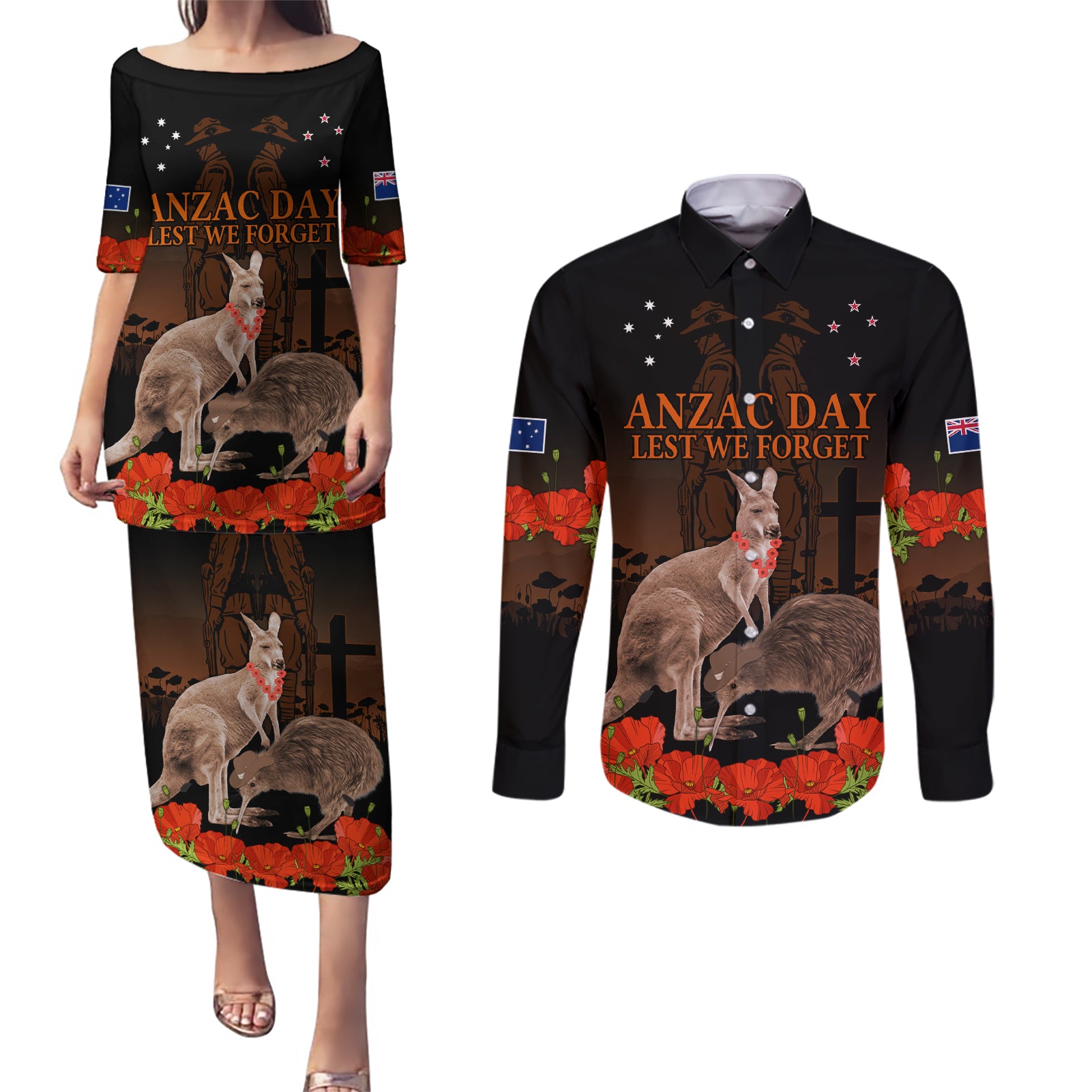 Kangaroo and Kiwi Bird ANZAC Day Custom Couples Matching Puletasi and Long Sleeve Button Shirt Soldier Style LT9 Black - Polynesian Pride