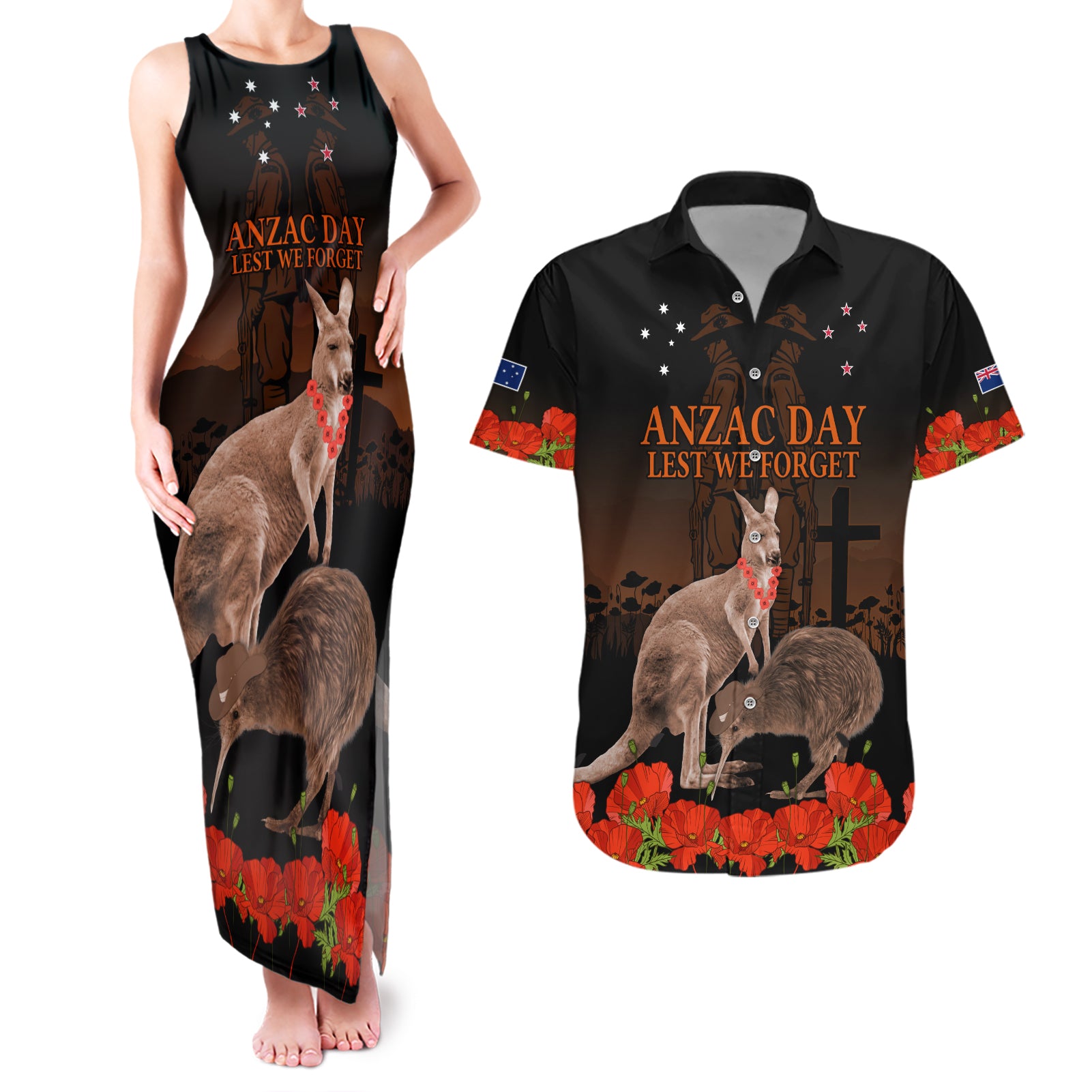 Kangaroo and Kiwi Bird ANZAC Day Custom Couples Matching Tank Maxi Dress and Hawaiian Shirt Soldier Style LT9 Black - Polynesian Pride